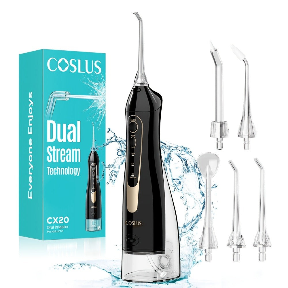 COSLUS CX20 Water Dental Flosser Teeth Pick: Portable Cordless Oral Irrigator 10.14oz Rechargeable Travel Irrigation Cleaner Electric Waterflosser Flossing Machine for Teeth Cleaning Black, Valentines Day Gifts