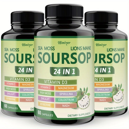 Soursop Capsules 24-in-1 Herbal Supplement — with Turmeric, Spirulina, Vitamin D3 & Sea Moss | Immune, Antioxidant & Gut Health Support | 60 Capsules per Bottle