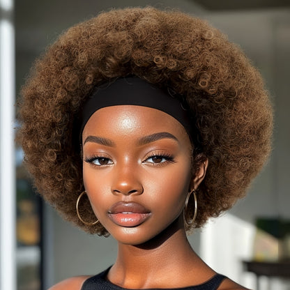 Afro Curly Headband Wig for Women — Short Kinky Curly Synthetic Wig 180% Density, No Lace No Glue, Attached Headband, Heat Resistant, Colors 1B 4# Ombre Honey Blonde