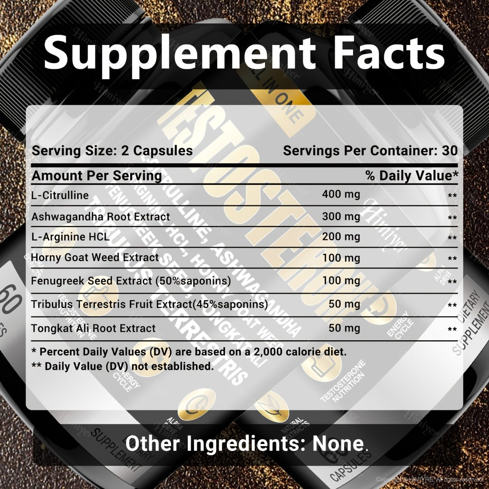 Male & TESTOSTERON Supplement, With L-Arginine, Tongkat Ali, Tribulus & Fenugreek - 60 Capsules, 30-Day Supply, Plant-Based Formula, Natural Ingredients, Men'S Health Supplement