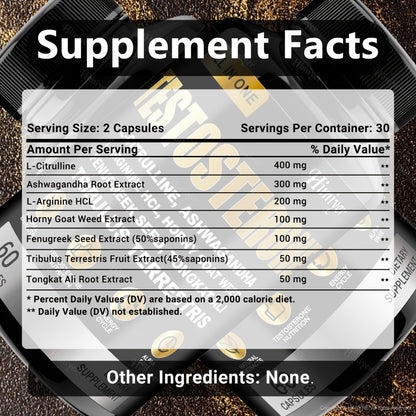 Testosterone Booster for Men with Tongkat Ali, Tribulus, Fenugreek & L-Arginine - Plant-Based Natural Men's Health Supplement for Strength, Libido & Vitality - 60 Capsules, 30-Day Supply