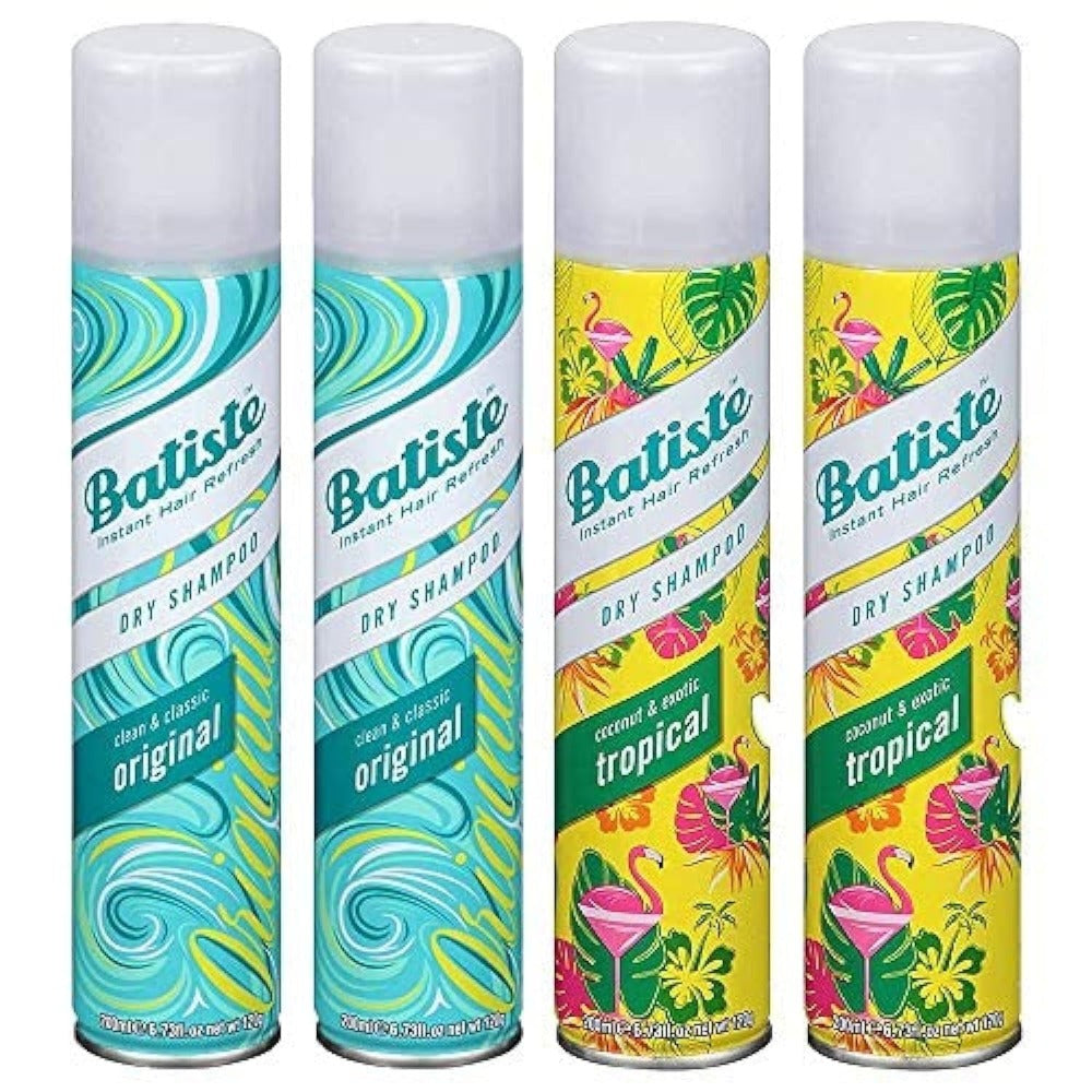 Dry Shampoo Spray Variety 4 Pack – Batiste Original & Tropical, 200ml Each | Instant Volume & Oil Absorption for All Hair Types, Refresh Between Washes