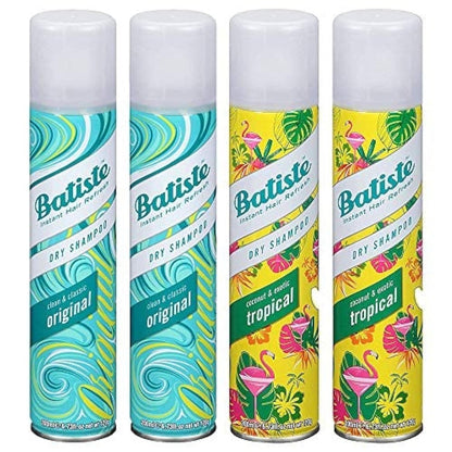 Dry Shampoo Spray Variety 4 Pack – Batiste Original & Tropical, 200ml Each | Instant Volume & Oil Absorption for All Hair Types, Refresh Between Washes