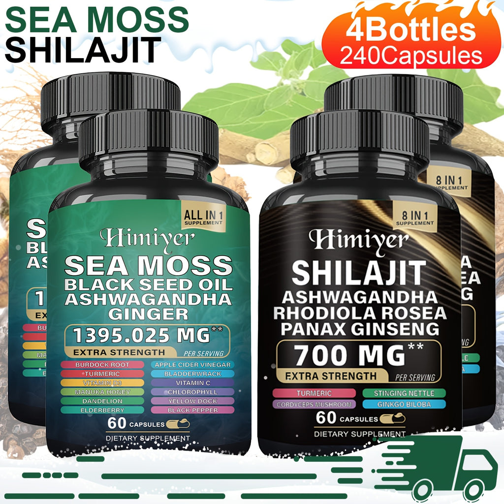 Sports Health Pack, Shilajit And Seamoss Ginger South African Drunken Eggplant Capsule, Sea Moss 350 Mg, Black Seed Oil 200 Mg, Ashwagandha 200 Mg, Ginger And Shilajit 300 Mg, Rhodiola Rosea 100 Mg, 1395mg+700mg Complete Supplement