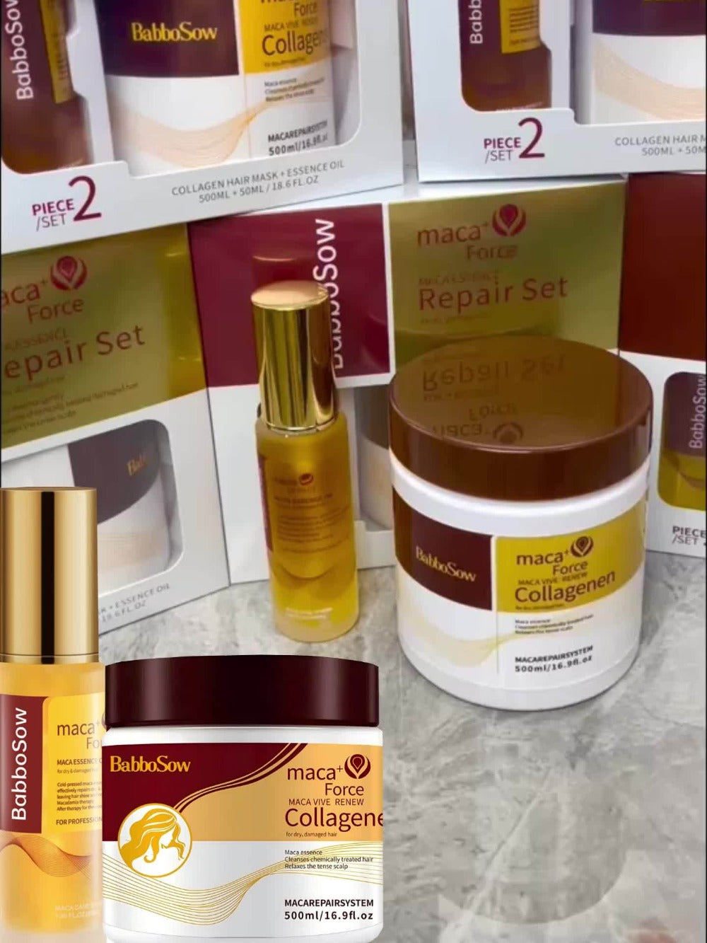 Hair Mask with Argan Oil Set — Collagen & Keratin Deep Conditioning Treatment, Repairs Damaged Dry Hair, Restores Shine & Strength, Maca Collagen Essence, 500ml + Essential Oil, Gift for Women