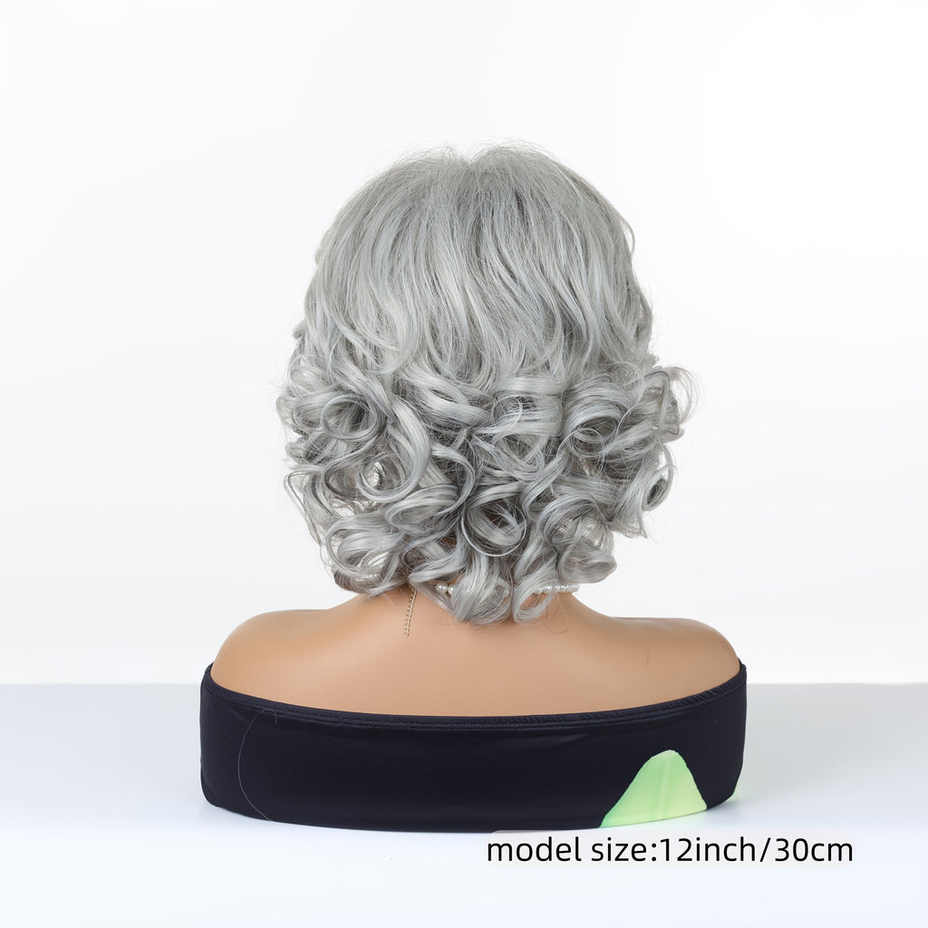 12-inch Women's Elegant Gray Bangs Curly Wig, Synthetic Fiber Wig with Rose Hair Net And High-Temperature Fibers Perfect for Cosplay, Parties, Halloween, Celebrations, And Casual Attire, Versatile for Any Occasion