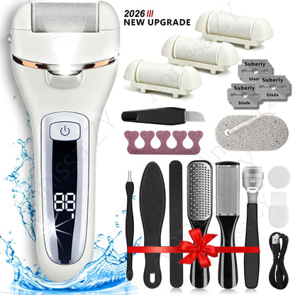 Electric Foot File Pedicure Kit 14-in-1 Rechargeable 3 Roller Heads Dead Skin Callus Remover Portable Foot Scrubber Professional Foot Care Tool Black White Silver