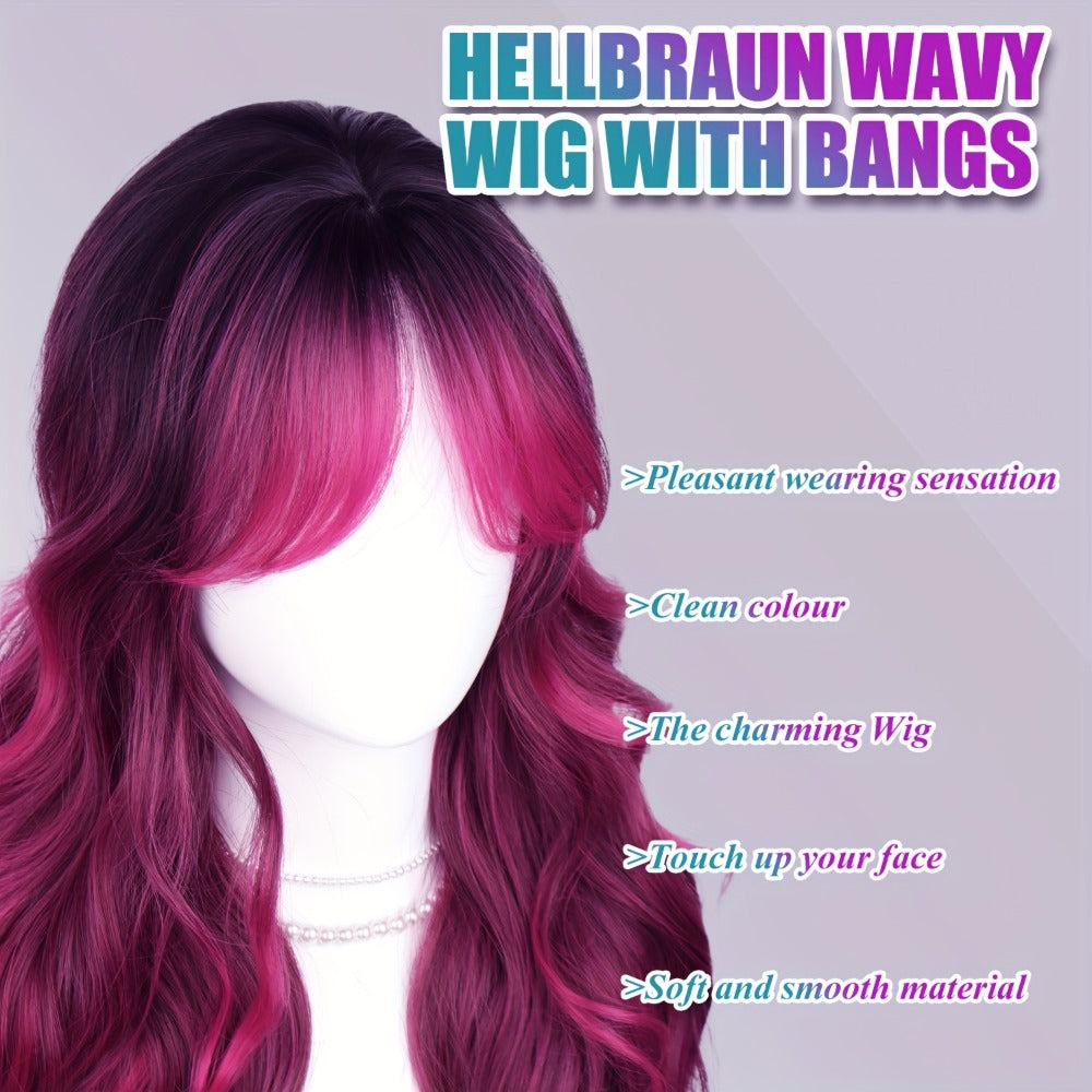 Long Wavy Wig with Air Bangs for Women — 28 Inch Rose Red Gradient, 150% Density Heat Resistant Synthetic Hair, Rose Net Cap, Curly Wave Style, Parties Halloween Christmas Daily Wear