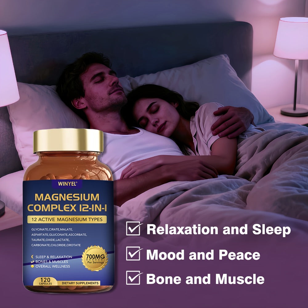 12-in-1 Magnesium Complex Supplement 700 MGwith Glycine, Citrate, Malate, Oxide, Taurine, Aspartate, And Magnesium Phosphate for Sleep, Mood, Nerve, Heart Health, Muscle Function, 120 Capsules