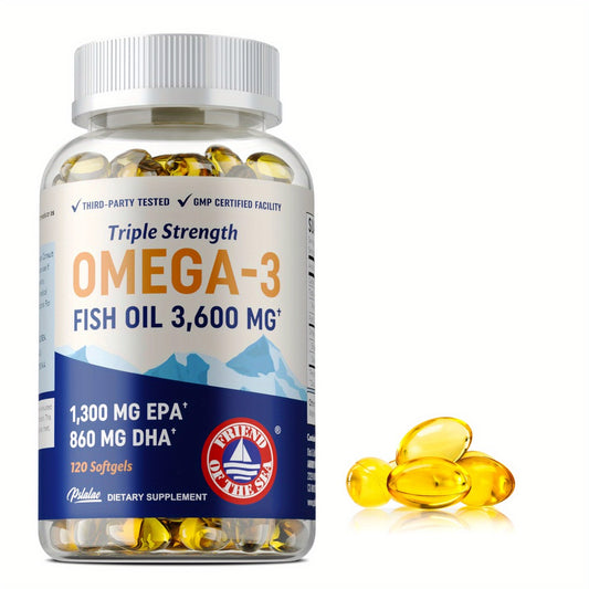 Omega 3 Fish Oil - with EPA & DHA, Omega-3, Triple Strength Omega 3 Fish Oil Supplement, for Eye Brain and Heart Health - 120pcs