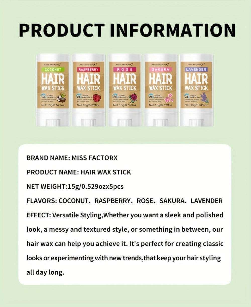 Hair Wax Stick – 5-Pack Fragrance-Free Styling Wax with Jojoba Oil for All Hair Types, Strong Hold, Natural Finish, Travel-Friendly Hair Wax Sticks