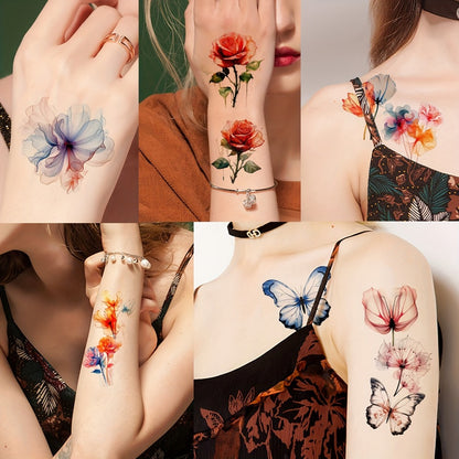Flower Temporary Tattoos for Women 45 Sheets, 12 Large & 33 Small Realistic Watercolor Floral Fake Tattoo Stickers, Long Lasting Half Arm Body Tattoos Party Supplies Favors