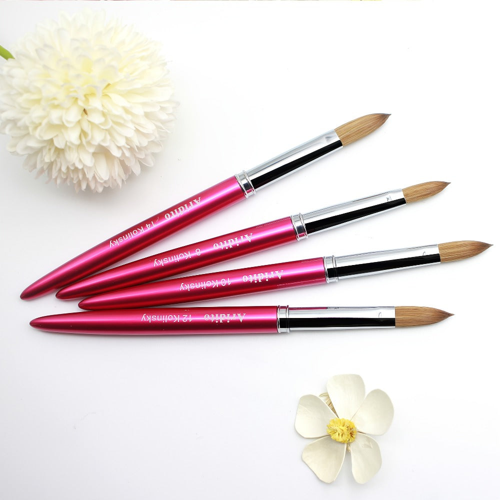 Aridito Professional Acrylic Nail Brush with 100% Kolinsky Hair - Flat Shape, Rose Red Handle & Cap for Manicure and Pedicure (Sizes 8, 10, 12, 14), Nail Art Accessories | Sleek Finish | Kolinsky Hair Bristles