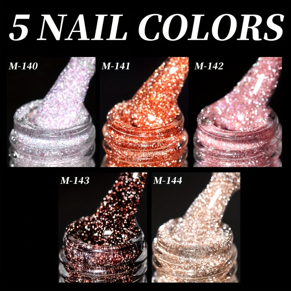 Spring Nail Art 2025 Pastel Sparkling Gel Nails Designs 5Colors Set 0.51oz Nail Gel Polish Soaking LED Nail Gel Salon Female Nail Art Tools Fashion Glamorous Nails Luxury Nail Designs