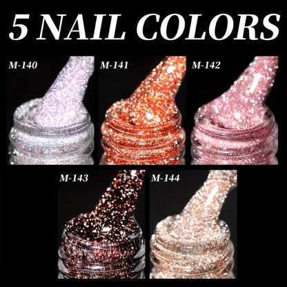 Glitter Gel Nail Polish Set 5 Colors Pastel Sparkling Diamond Shimmer Soak-Off LED UV Gel Varnish Nail Art Kit Photo Frame Bottle Spring Summer Manicure Salon Home Gift for Women