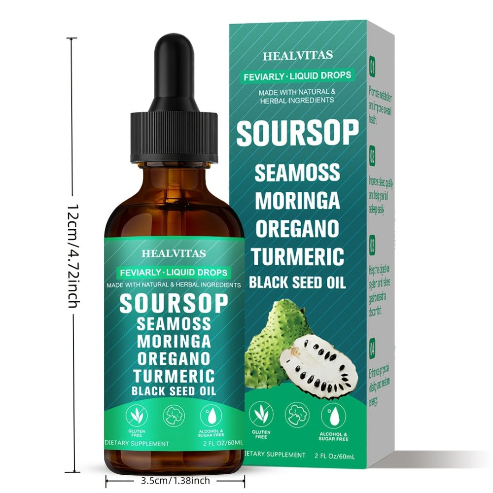 [Herbal Extracts For Health] Soursop Bitters Liquid Drops, Soursop Bitters, 10 In 1 With Sea Moss, Oregano, Ashwagandha, Moringa, Turmeric, Black Seed Oil | Herbal Extracts For Overall Health | Highly Absorbable Natural Formula