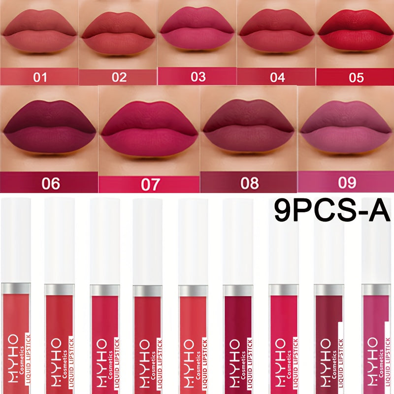 Velvet Matte Lip Gloss Set 9pcs — Waterproof High Pigment Lip Glaze, Non-Stick Creamy Formula, Long-Lasting Color for All Skin Tones, Perfect Gift for Women, 18 Shades Available