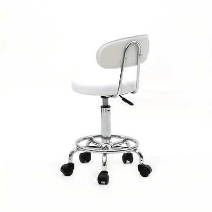 Salon Stool with Back Adjustable Height 360° Swivel - PU Leather Round Seat Chair for Salon, Barber, Spa, Home & Office Use, White