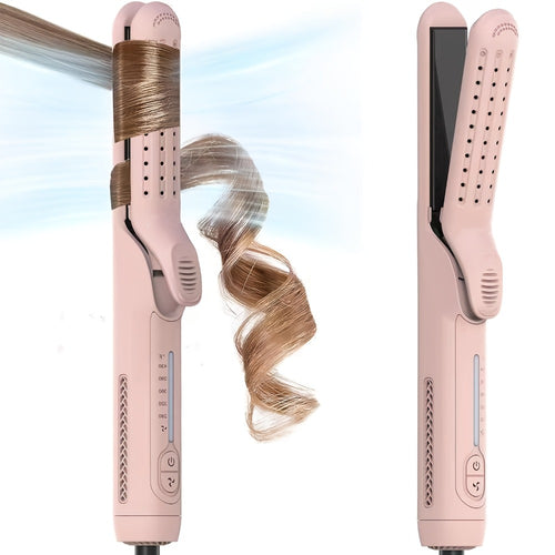 2-in-1 Airflow Curling Iron 360° Ceramic – Hair Straightener & Curler Anti-Scald Wand with 5 Temps Cool Air Styler for Long & Short Hair – Pink, Black