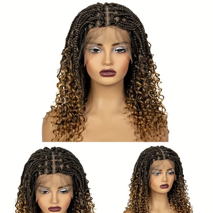 Braided Wig Knotless Full Lace with Curly Ends - 180% Density Synthetic Handmade Braid Wig for Women Natural Hairline Party Holiday 16 Inch