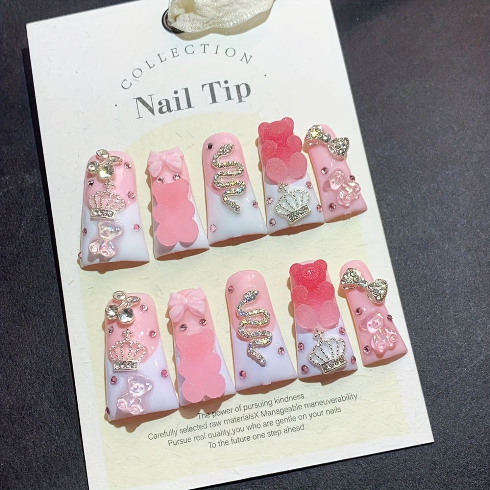 10pcs 1.18inch Long Duckbill Sugar Bear Press-On Nails, Pink And White French Glitter AB Multi-Color Glass Rhinestones, Cute Cartoon And Sparkling End, Handmade Wearable False Nails for Wedding, Party, Back-To-School Gifts