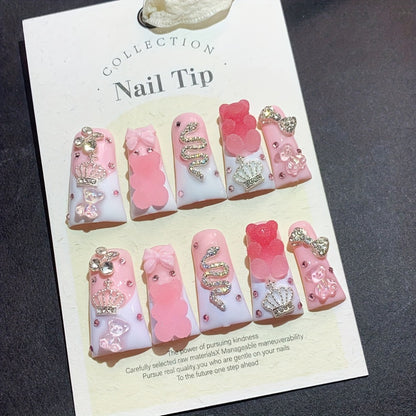 French Tip Press On Nails Long Duckbill 10pcs Pink White Glitter AB Multi-Color Glass Rhinestone Sugar Bear Cute Cartoon Handmade Wearable False Nails for Wedding Party Back to School Gift S L