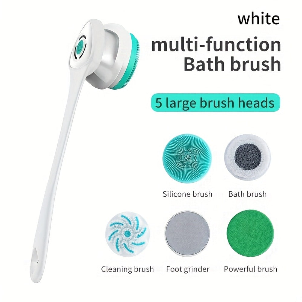 5-in-1 Electric Body, Back and Face Shower Brush, Soft Exfoliating Brush and Rotating Cleanser - Suitable for Full Body, Back and Face - Home Spa Essentials - Shower Back Scrub, Body Care Equipment, Ergonomic Handle
