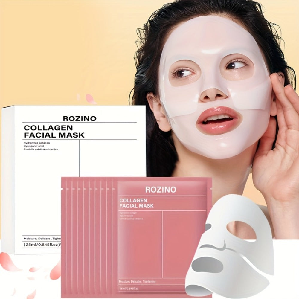 Collagen Sheet Mask Set 10pcs — Bio-Collagen Hydrogel Face Mask with Aloe Vera, Intense Hydration for Dewy Glowing Skin, Alcohol-Free Hypoallergenic, 25ml Each