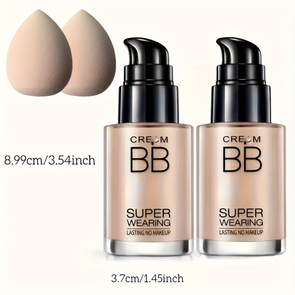 BB Cream Liquid Foundation Set 2Pcs with Makeup Sponge - Flawless Long-Lasting Medium Coverage Moisturizing Skin-Isolating Concealer for All Skin Types Women Natural & Light Beige Shades