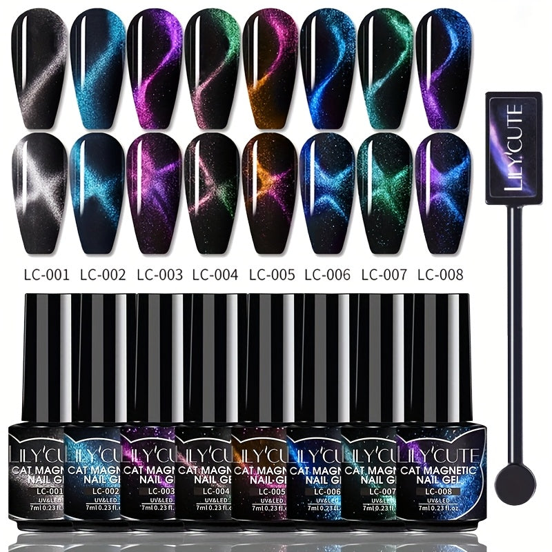 Cat Eye Gel Nail Polish Magnetic Aurora Glitter 8pcs Black Crystal Semi-Permanent Nail Art Gel No Base Color Required 0.24oz Each