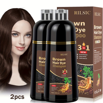 Hair Dye Shampoo 2 Pack Grey Hair 3-in-1 Herbal Plant-Based Squalane Colors in Minutes Kit with Gloves Earmuffs Headgear Shawl Black Brown 500ml Each