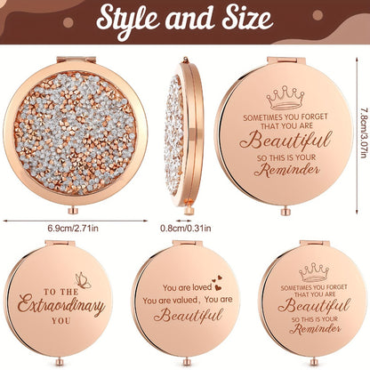 Pocket Mirror Bulk 16 Pieces - Rhinestone Inspirational Compact Mirror for Purse, Bridesmaid Gift, Party Favor, Travel Magnifying Mirror for Women Girls, Wedding Nurse Thank You Gift