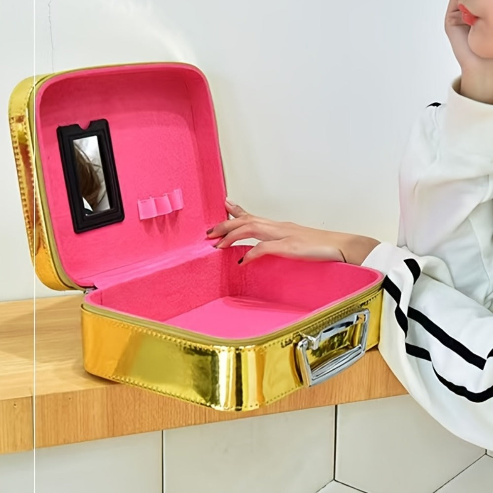 1pc Luxury Hard Shell Makeup Travel Case - Large Capacity Flat-Lay Organizer - Portable Glitter Storage Box for Women, Fits Inside Suitcase, Flash, Storage Bag