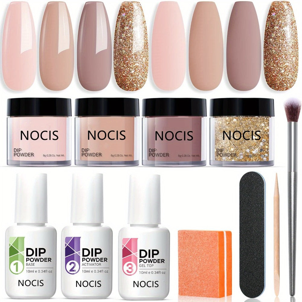 11pcs/Set Dip Powder Nail Kit Starter 4 Colors Nude Skin Tones Golden Glitter Neutral Acrylic Dipping Powder Liquid Set with Base Coat&Top Coat Activator for French Nail Art Manicure Salon Gift Set
