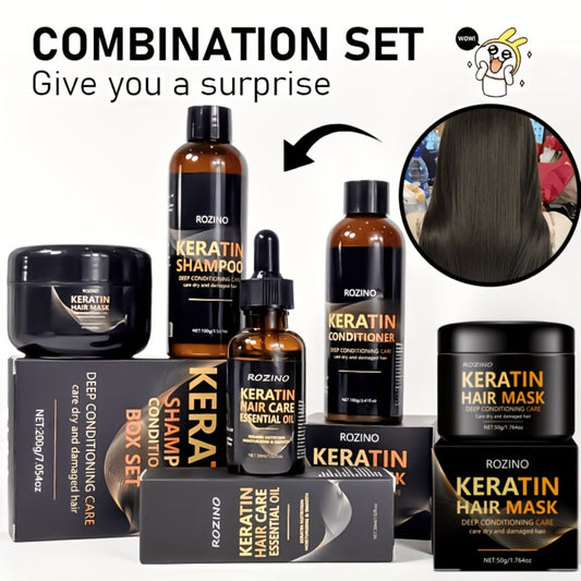 Keratin Hair Care 5pcs Set: Keratin Shampoo, Conditioner, Hair Mask, And Essential Oil - | Deeply Cleanses | Strengthens Roots | Repairs Split Ends | Volumizes And Nourishes |Hair Care Products | Keratin Heat Protection |Christmas Gift