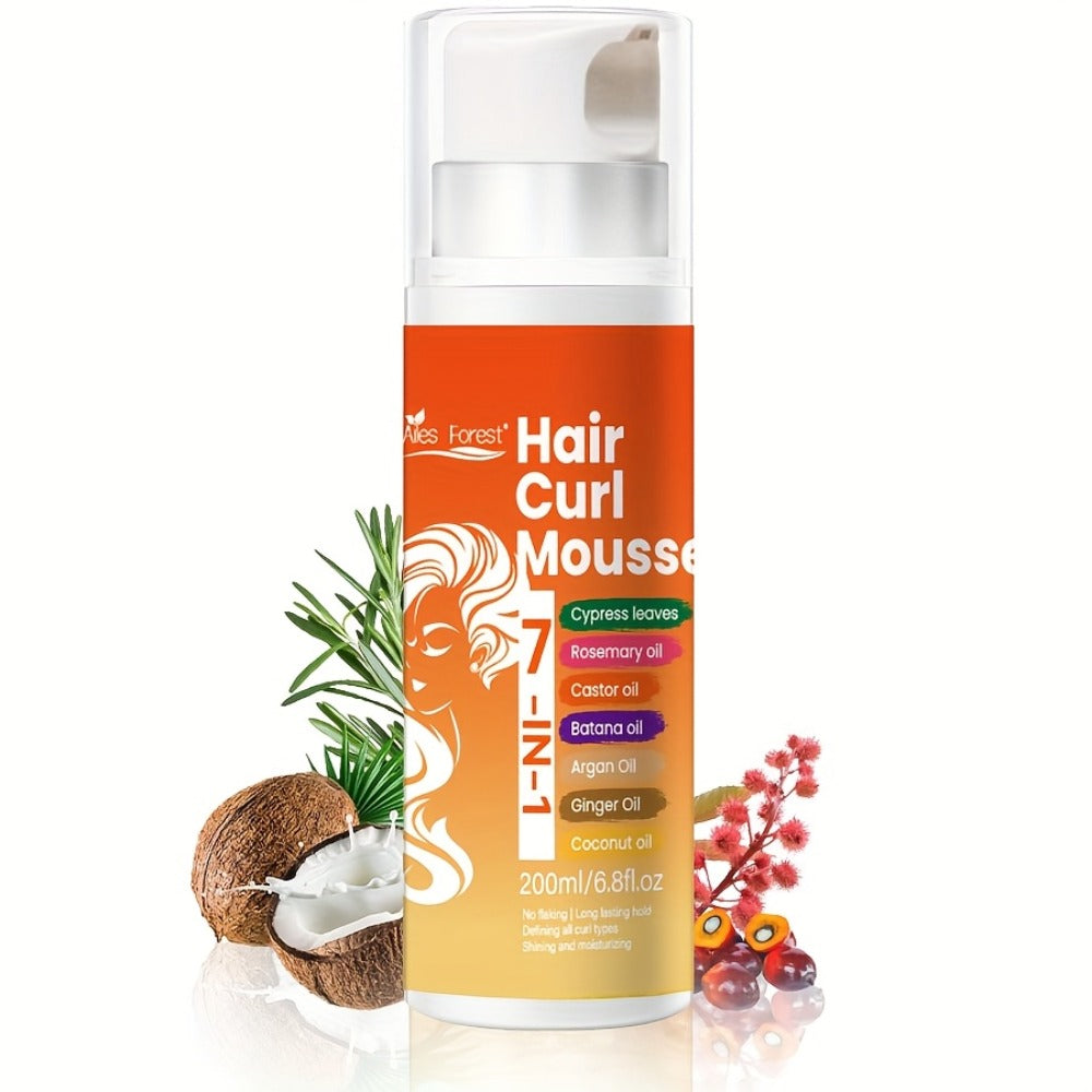 Hair Curl Mousse 7-in-1 Natural Oil Blend Long-Lasting Hold - Deep Moisturizing Smoothing Curl Defining Foam Rosemary Castor Coconut Oil Wavy Curly Hair Women Men 6.76oz