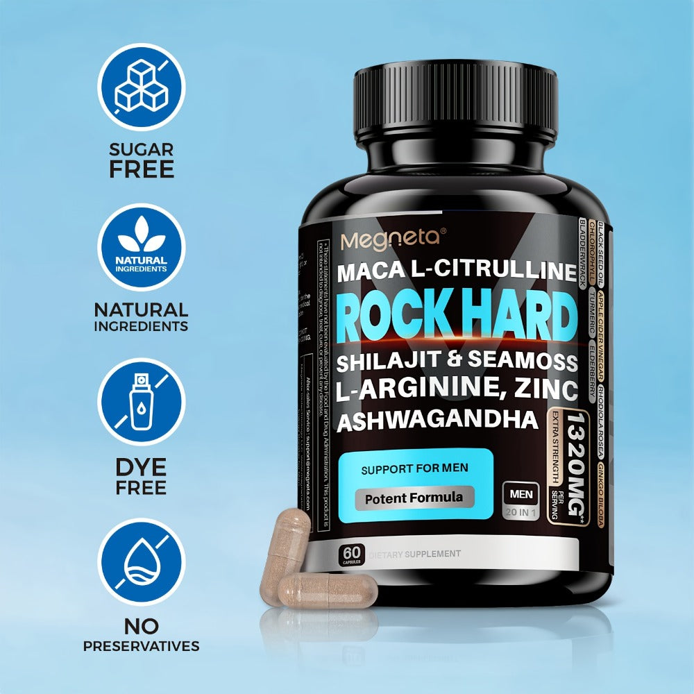 ROCK HARD Supplements | Strength, Energy & Vitality | With Shilajit, Ashwagandha, Maca, Sea Moss, L-Arginine | Day& Night Support, 60 Capsules, 30-Day Supply