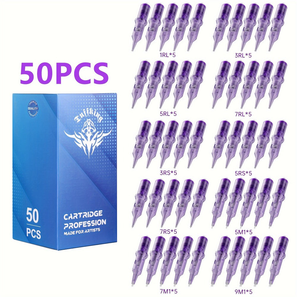 Tattoo Cartridge Needles Purple RL RS RM M1 Mixed Sizes - Tuffking Professional Disposable Liner Shader Magnum Needles for Tattoo Artists & Beginners 30 50pcs