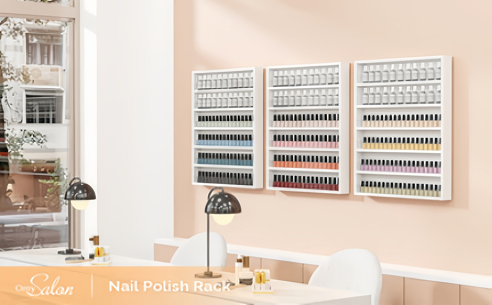 OmySalon 6 Layers Nail Polish Rack, Wall Mount Nail Polish Organizer W/Acrylic Baffle, Valentines Day Gift for Her, (White/Black)