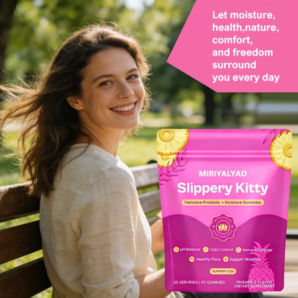 Slippery Kitty Feminine Probiotic Gummies-60 Count (30-Day Supply) | PH Balance, Odor Control & Moisture Support | Pineapple Flavor And Slippery Elm And Bacillus Coagulans | Vegan, Gluten-Free, Allergen-Free | Women'S Health | Local Warehouse|Gifts