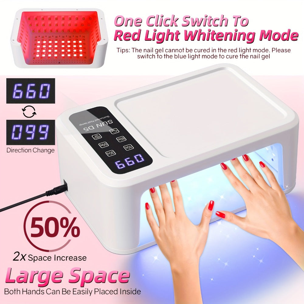 LED Nail Lamp for Two Hands, Not Rechargeable Gel Lamp Professional Nail Light Dryer with Removable Plate 2in 1 Blue & Red Light 4 Timers Auto Sensor Fast for Home & Salon DIY Manicure