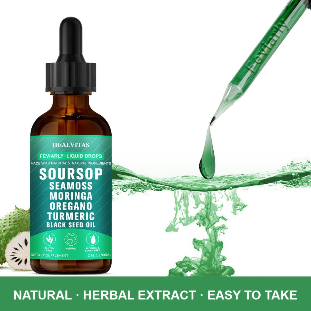 Soursop Liquid Drops | Soursop Bitters Liquid Drops 10in 1 with Sea Moss, Moringa, Turmeric, Black Seed Oil, Oregano, Ashwagandha | Herbal Extracts for Overall Health Supports
