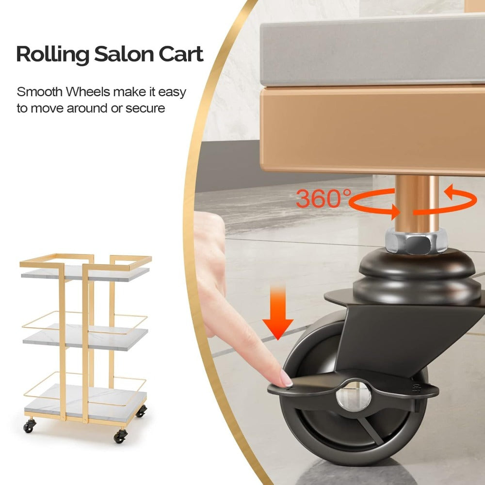 Esthetician Cart with Wheels Utility Salon Rolling Trolley, Golden Mobile Storage Organizer for Beauty Spa Cosmetology Massage, Tattoo Manicure Facial Tool Holder Station