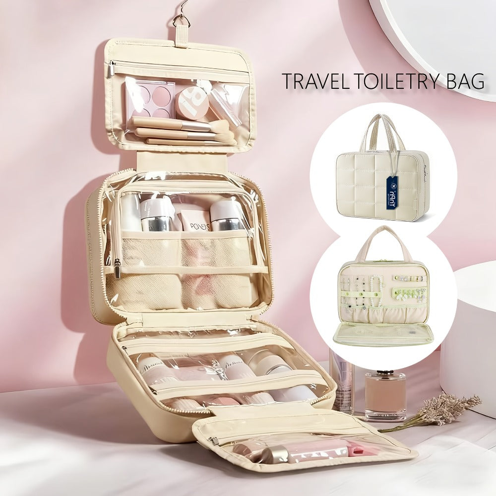 Hanging Travel Toiletry Bag Large Cosmetic Organizer for Full-Size Products Hanging Travel Makeup Bag Waterproof Bathroom Organizer Pink Beige Black
