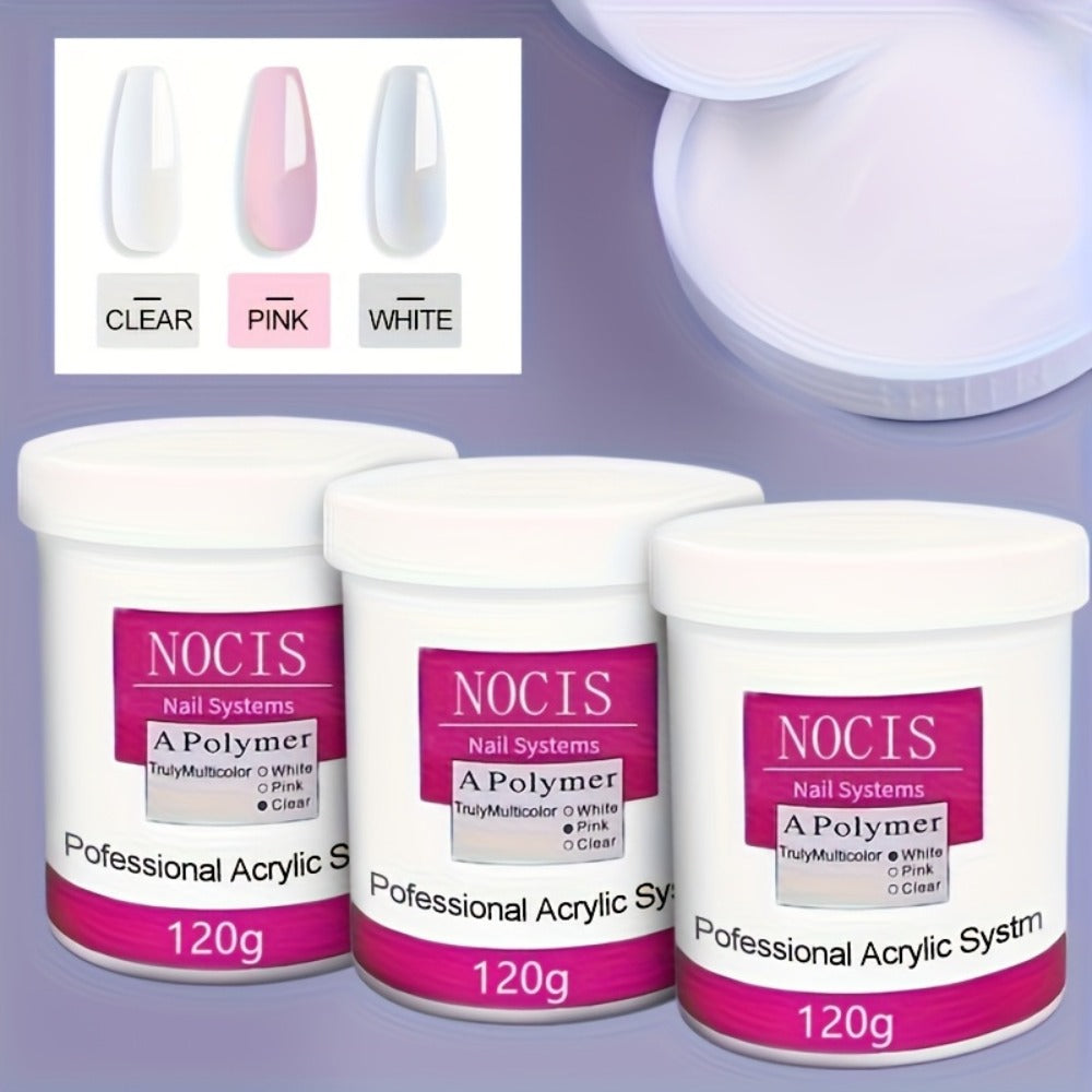Nail Extension Powder 120g Clear Pink White No Lamp Needed Long-Lasting Acrylic Powder for Carving 3D Nail Art Professional Salon Home Use