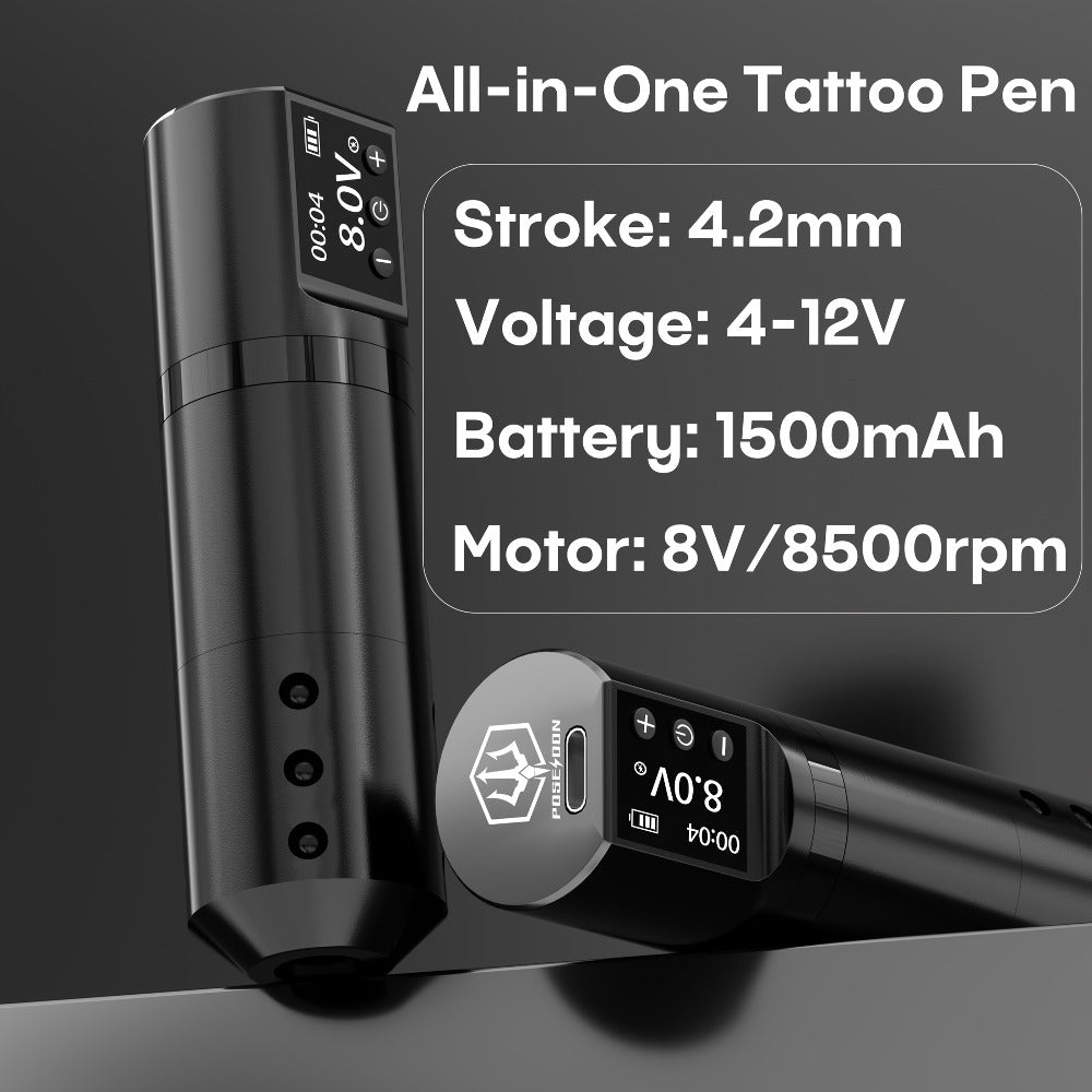 POSEIDON V5 Cordless Tattoo Machine Kit Complete with LCD Screen Display, Wireless Rotary Pen, 1500mAh Battery, 10 Needles & 11 Ink - Full Tattoo Supplies for Beginners & Professional Artists, Portable Tattoo Gun (No Adapter Included)