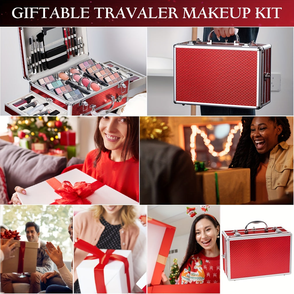 All-In-One Makeup Kit Aluminum Travel Case Full Set Eyeshadow Blush Lipstick Foundation Eyeliner Mascara Brush Set with Mirror Christmas Independence Day Halloween Birthday Gift for Women Girls Beginners