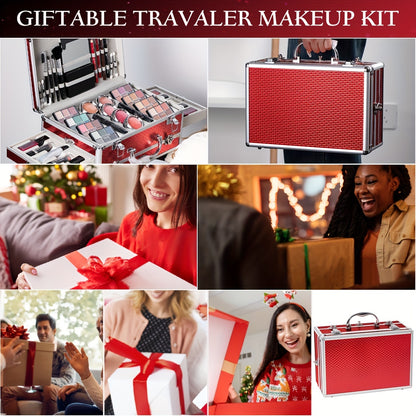 Complete Makeup Kit with Aluminum Travel Case & Mirror - Full Set Eyeshadow Blush Lipstick Foundation Eyeliner Mascara & Brushes - Gift for Women Girls Beginners, Silver & Red