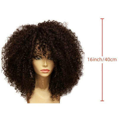 Afro Kinky Curly Wig with Bangs Synthetic 16 Inch Heat Resistant Elastic Cap for Women Color 1B Daily Wear Cosplay Halloween Party Christmas