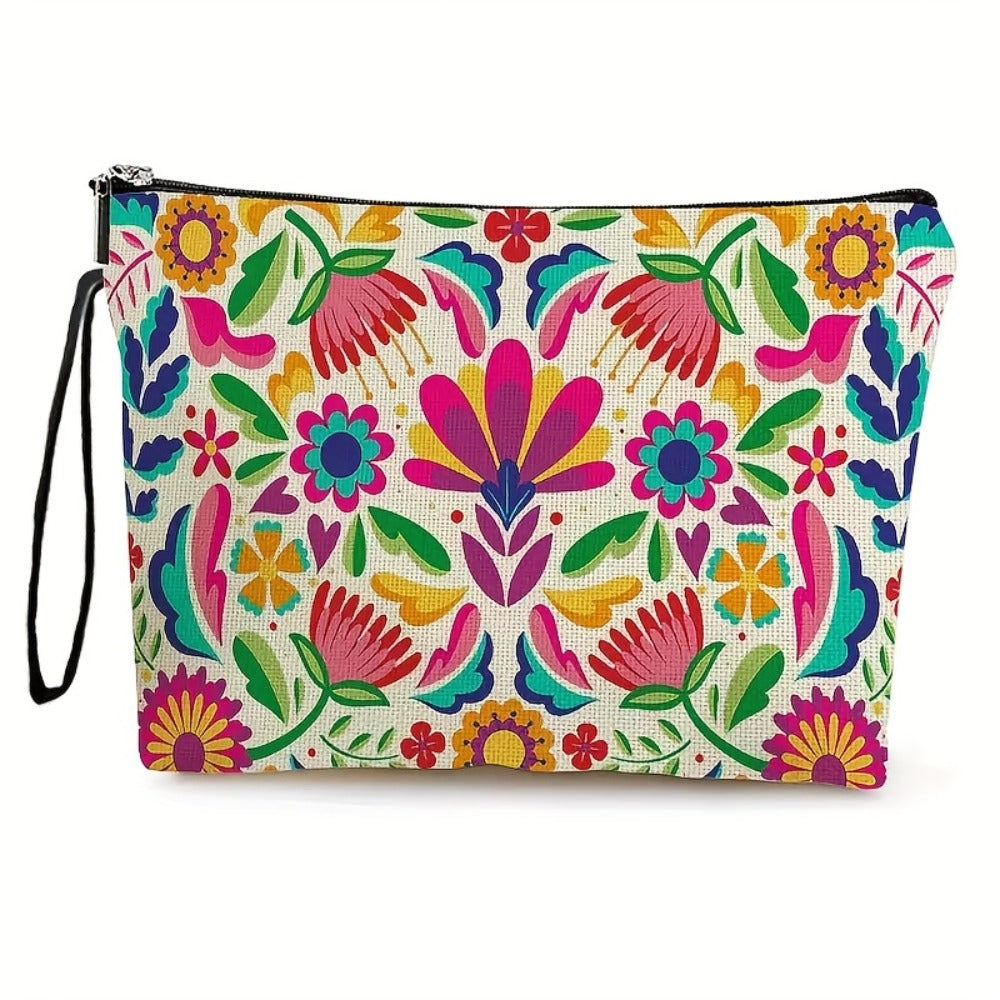 4pcs Vibrant Mexican Botanical Floral Makeup Bags for Women & Men - Large Capacity High Quality Cosmetic Organizers with Durable Zipper, Travel Toiletry Pouches for Vacation, Business, Outdoor - Perfect Birthday & Mother’s Day Gifts